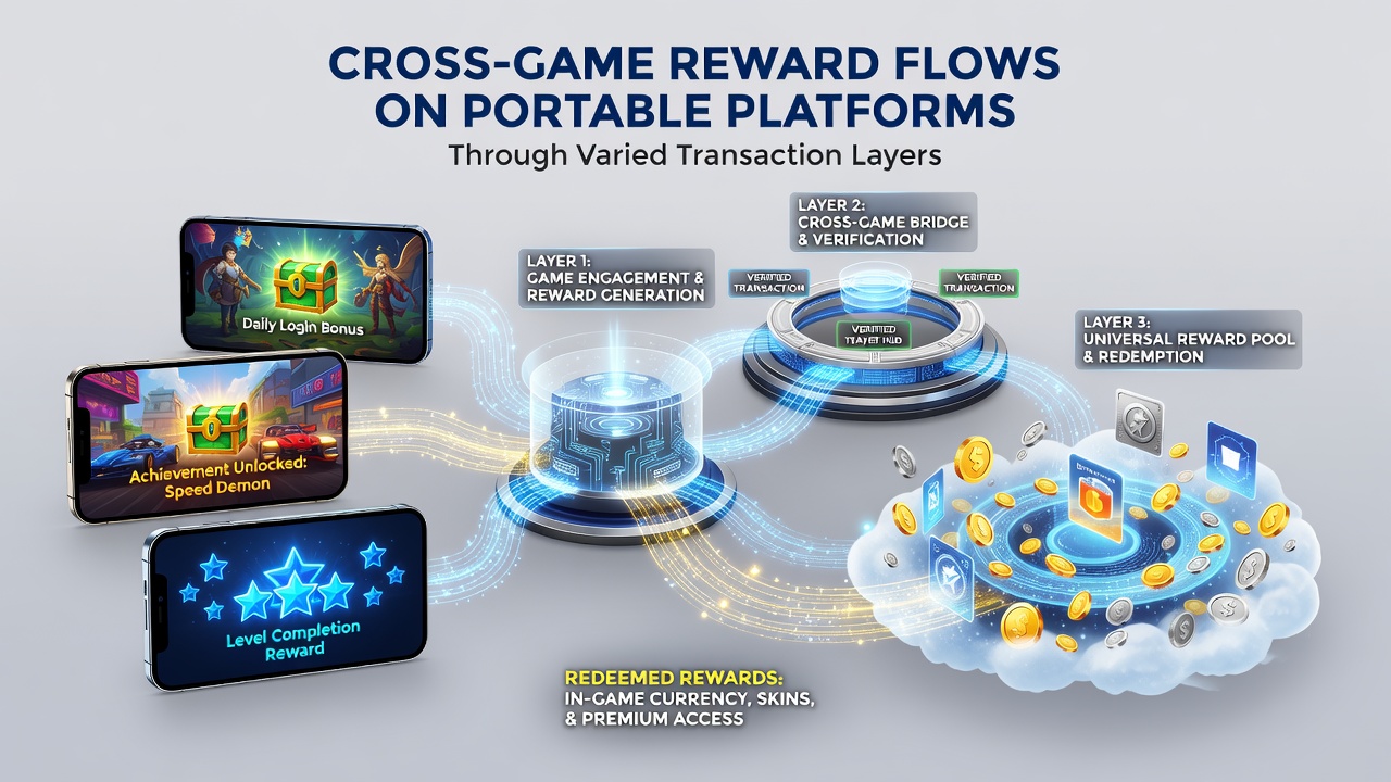 Illustration of cross-game reward flows across mobile transaction layers