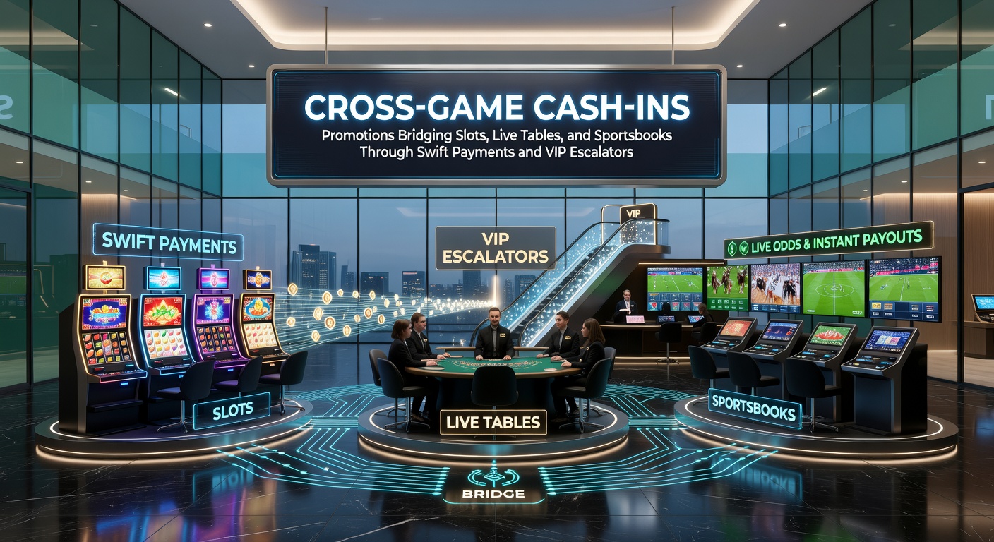 Vibrant casino interface showing slots, live roulette table, and sportsbook odds interconnected by glowing payment icons and VIP ladders