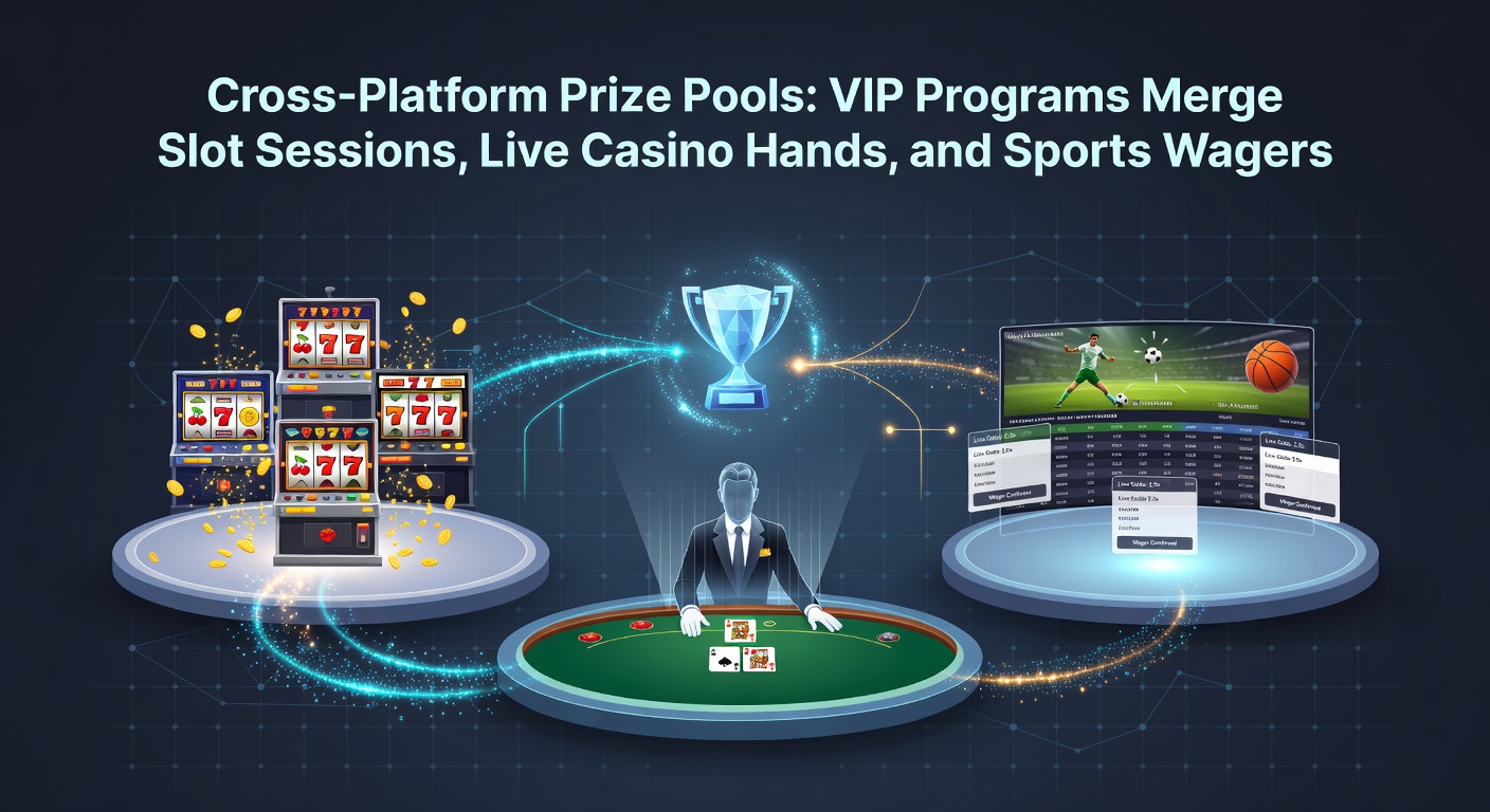 Close-up of a VIP dashboard illustrating merged progress bars for slots, live casino, and sports betting, with glowing prize pool totals and tier upgrades