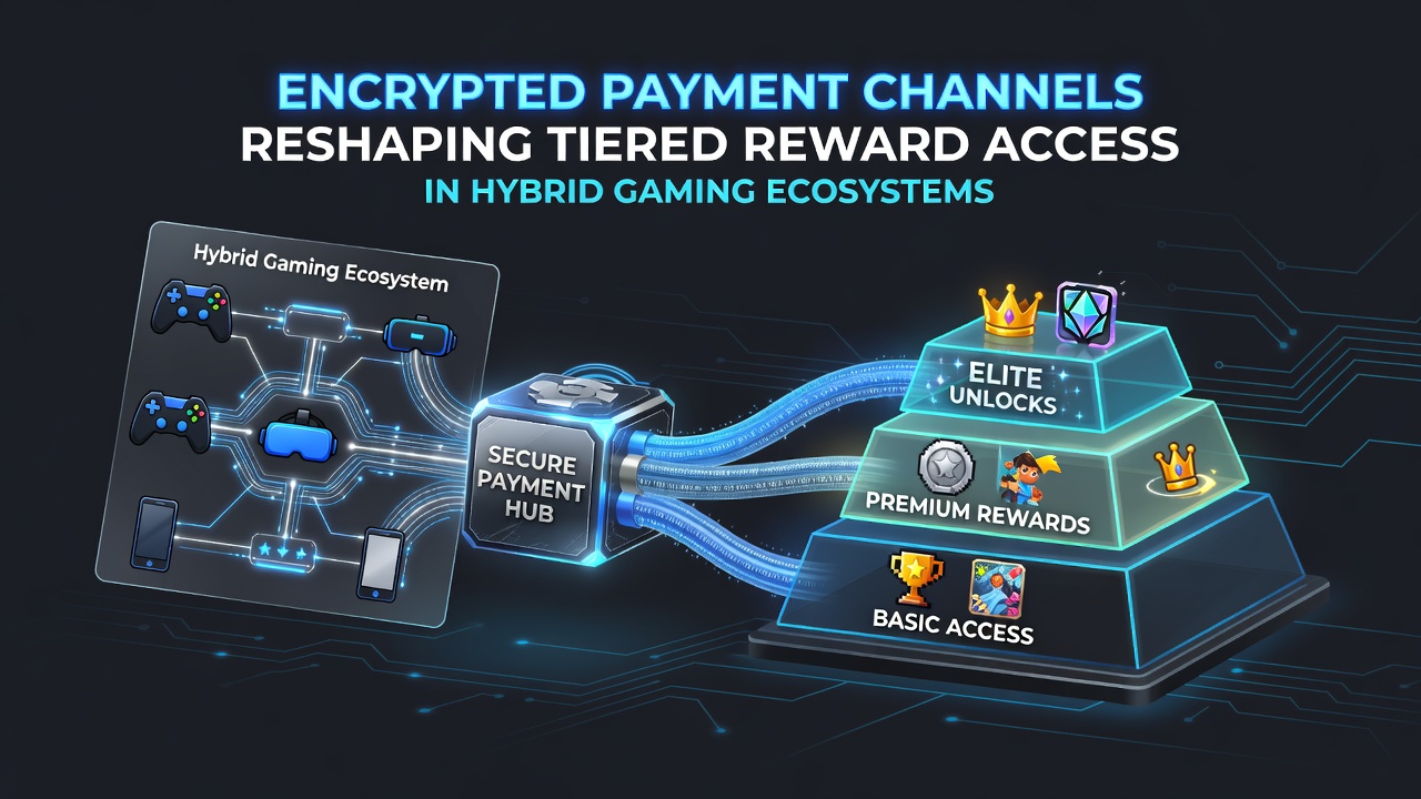 Diagram depicting layered reward tiers connected via secure encrypted channels in a hybrid gaming setup with mobile, online, and venue-based access points