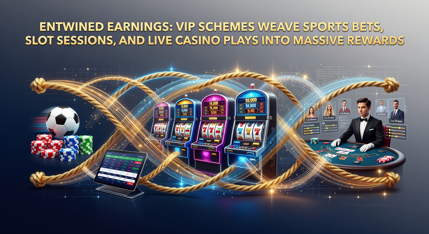 Vibrant digital illustration of intertwined golden threads representing sports betting tickets, spinning slot reels, and live casino tables merging into a massive treasure chest overflowing with rewards, symbolizing integrated VIP loyalty schemes