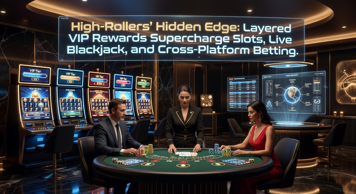 Vibrant casino floor with high-rollers at VIP blackjack tables surrounded by glowing slot machines and digital betting screens