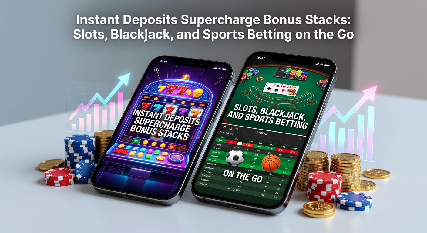 Vibrant mobile screen showing instant deposit confirmation alongside stacked slot bonuses and live blackjack table
