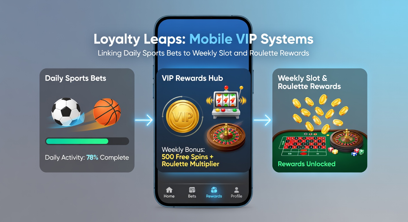 Animated graphic showing loyalty points flowing from sports betting icons to slot machines and roulette wheels on a mobile interface