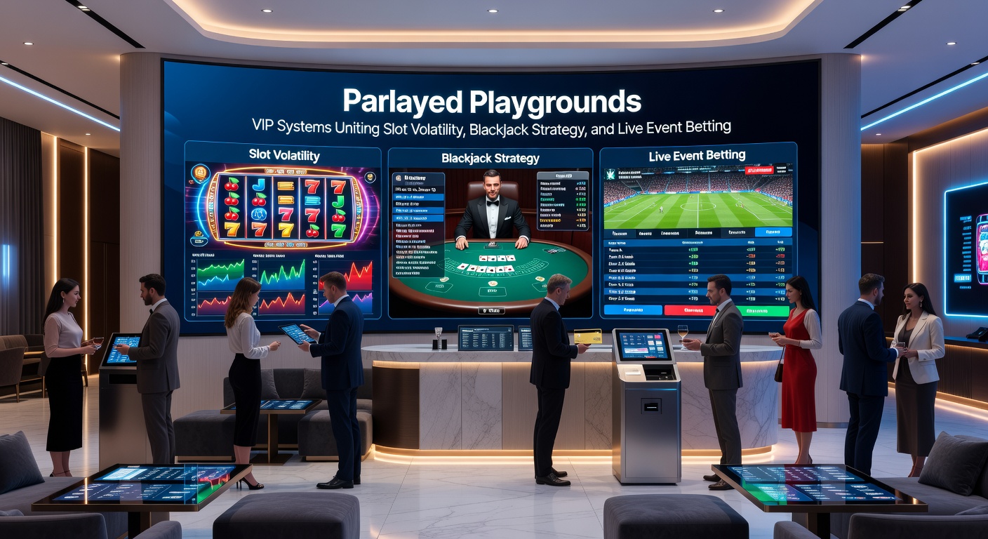 Dynamic graphic illustrating a parlay chain: slot reels exploding into blackjack cards, flowing toward live sports event odds boards