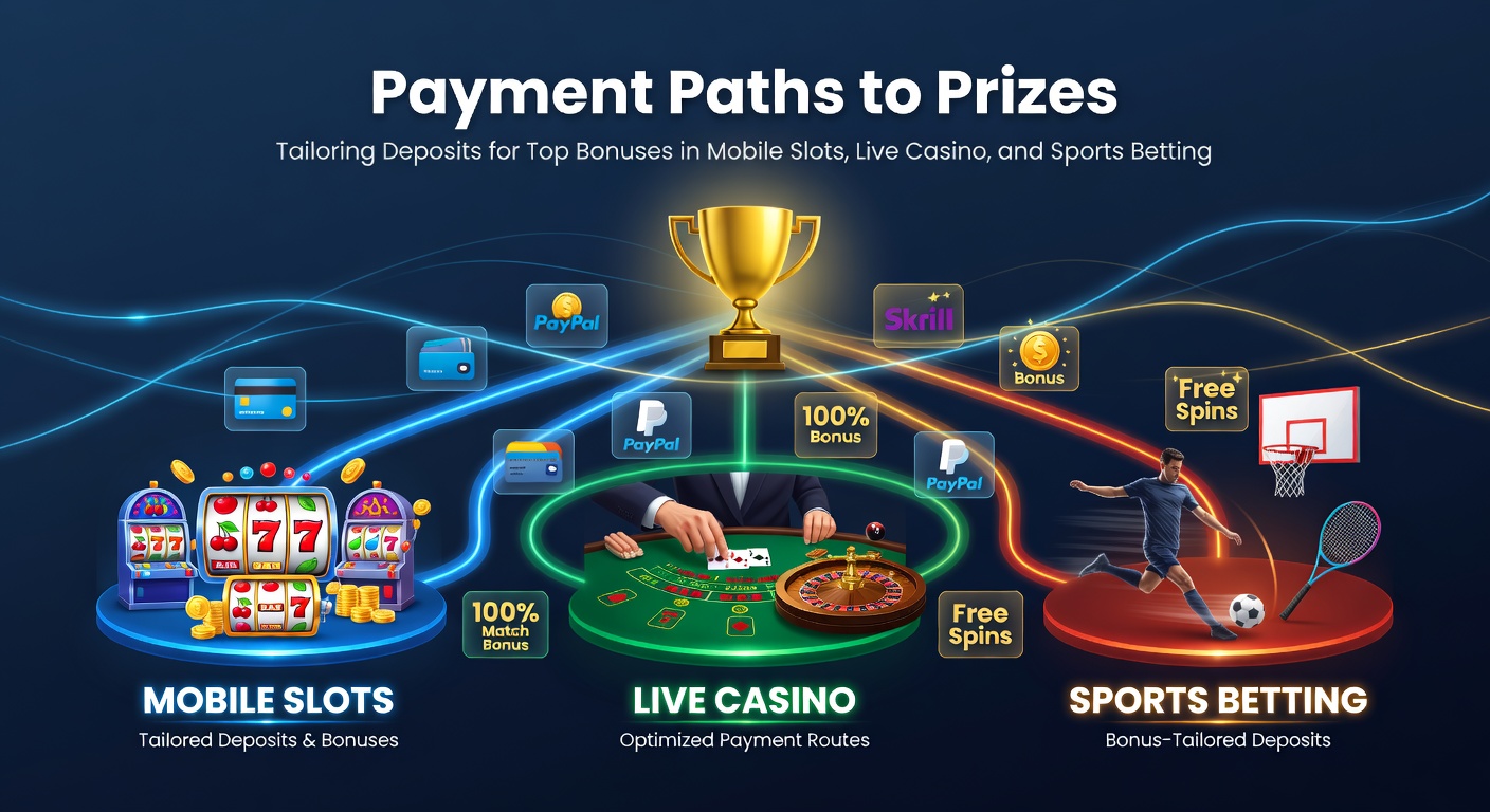 Digital graphic showing payment icons like cards, e-wallets, and crypto flowing into slot machines, roulette tables, and betting slips with bonus multipliers exploding outward