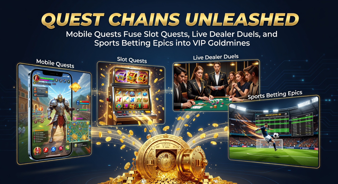 Vibrant mobile screen showing interconnected quest chains with slot reels, live dealer tables, and sports betting odds, highlighting VIP gold rewards