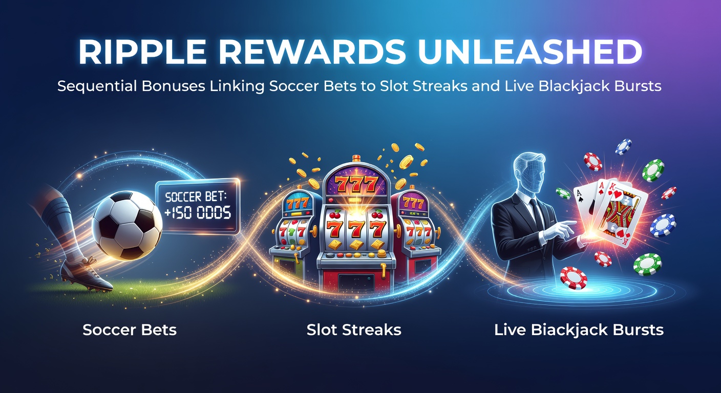 Visual chain of soccer bet icons flowing into slot reels and blackjack tables, representing sequential bonus progression in Ripple Rewards systems