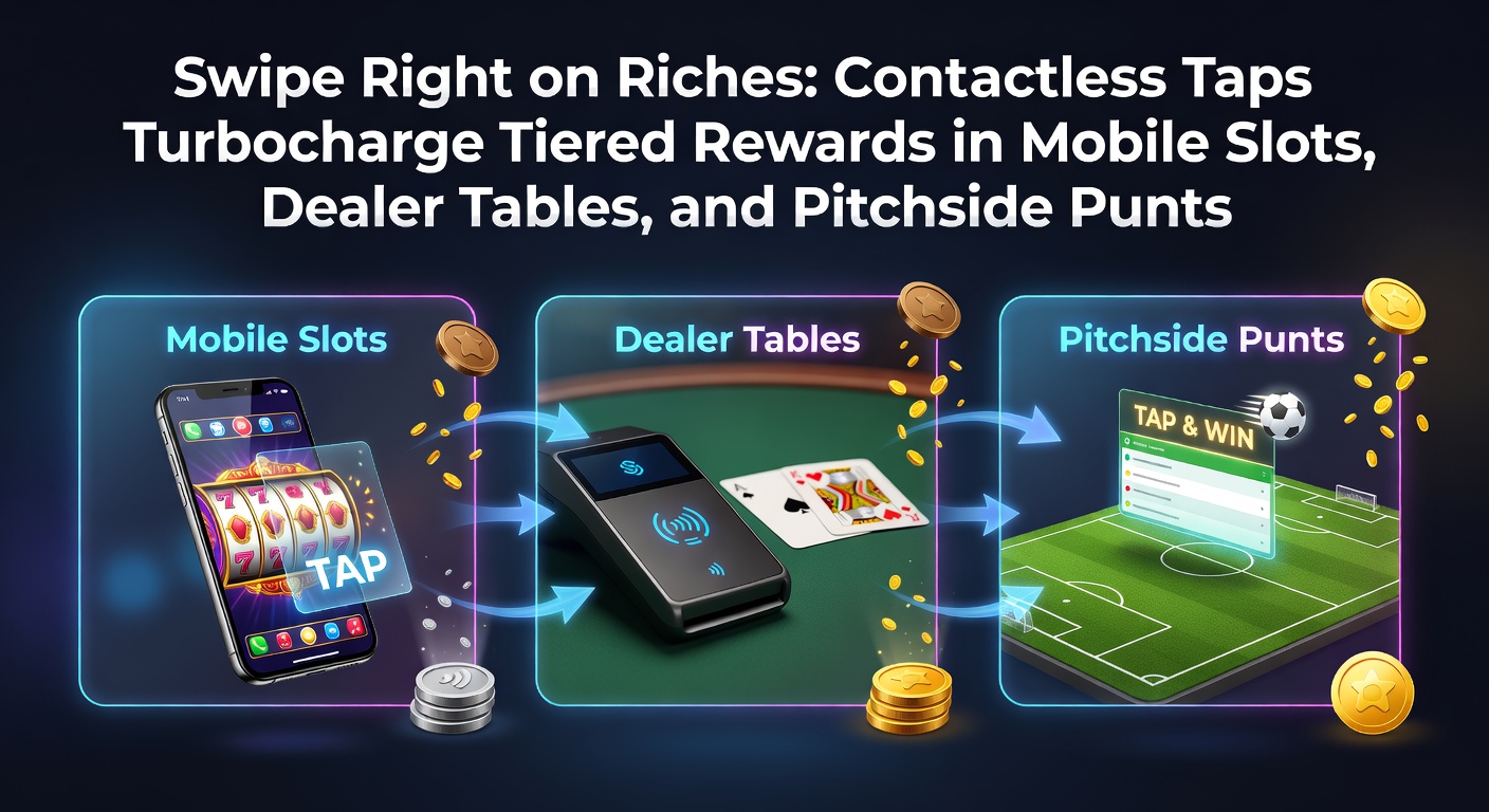 Smartphone displaying contactless payment tap on a vibrant mobile casino app interface, with loyalty reward tiers glowing in the background