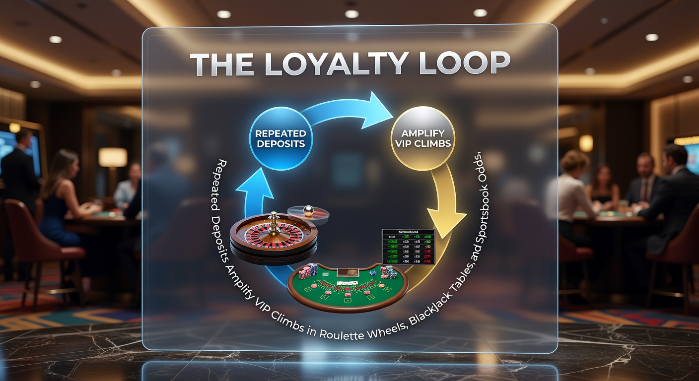 Graphic illustrating a loyalty loop cycle with deposits fueling VIP tier ascents in casino games and sports betting