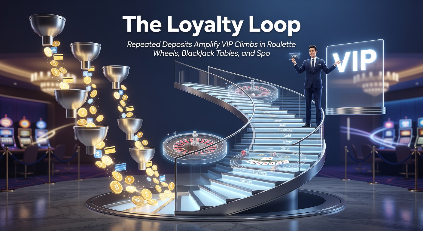 Visual of VIP blackjack table with loyalty tier icons and deposit streams elevating player status