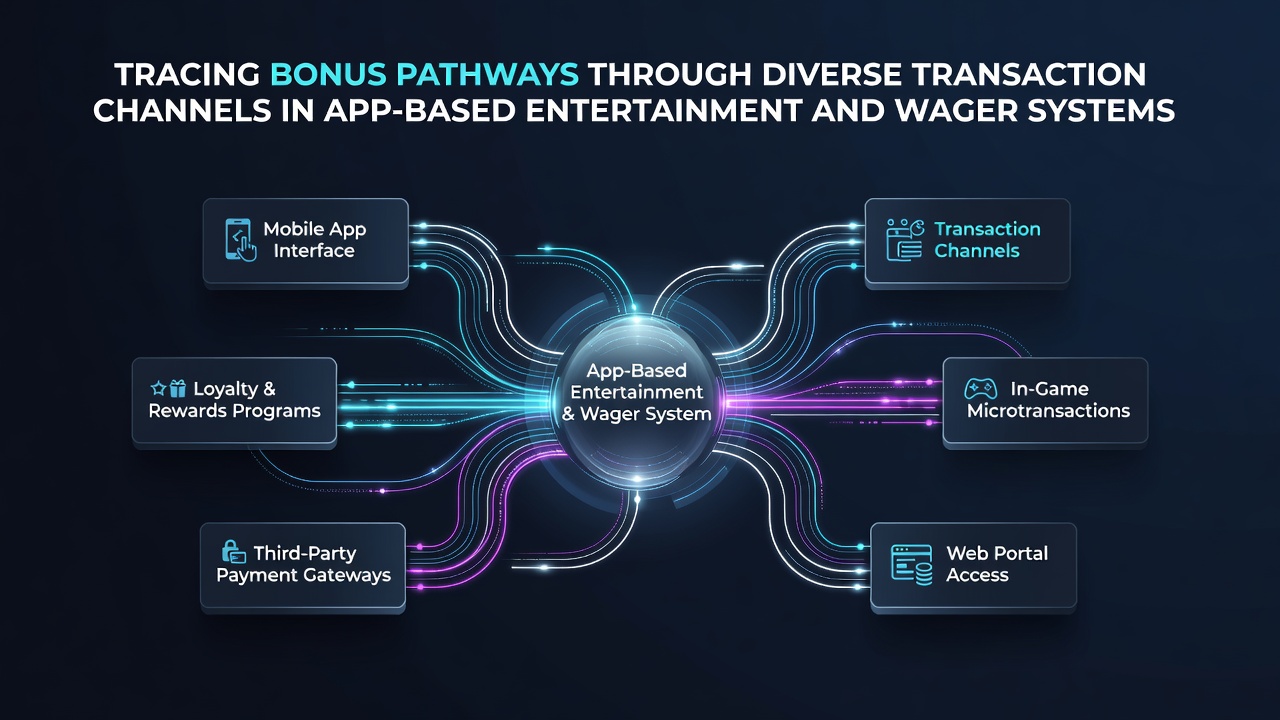 Illustration of bonus pathways flowing through mobile payment interfaces and verification nodes