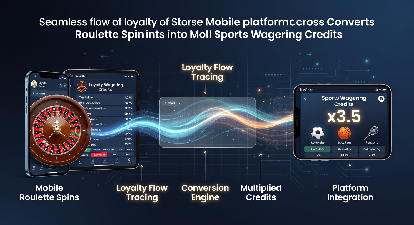 Mobile app interface showing roulette wheel with loyalty points flowing into sports betting credit multipliers