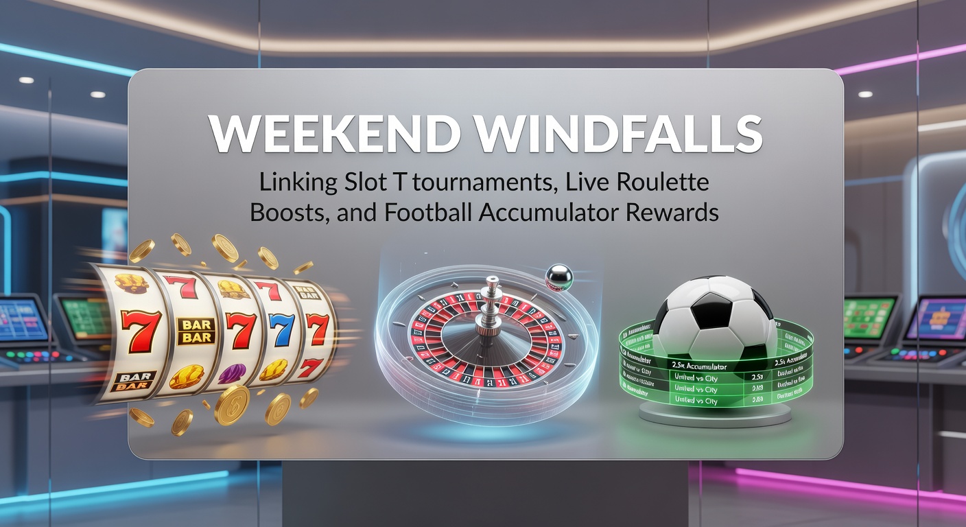 Vibrant slot tournament screen glowing with leaderboards, roulette wheel spinning live, and football accumulator odds stacking up on a mobile app, capturing the excitement of linked weekend promotions