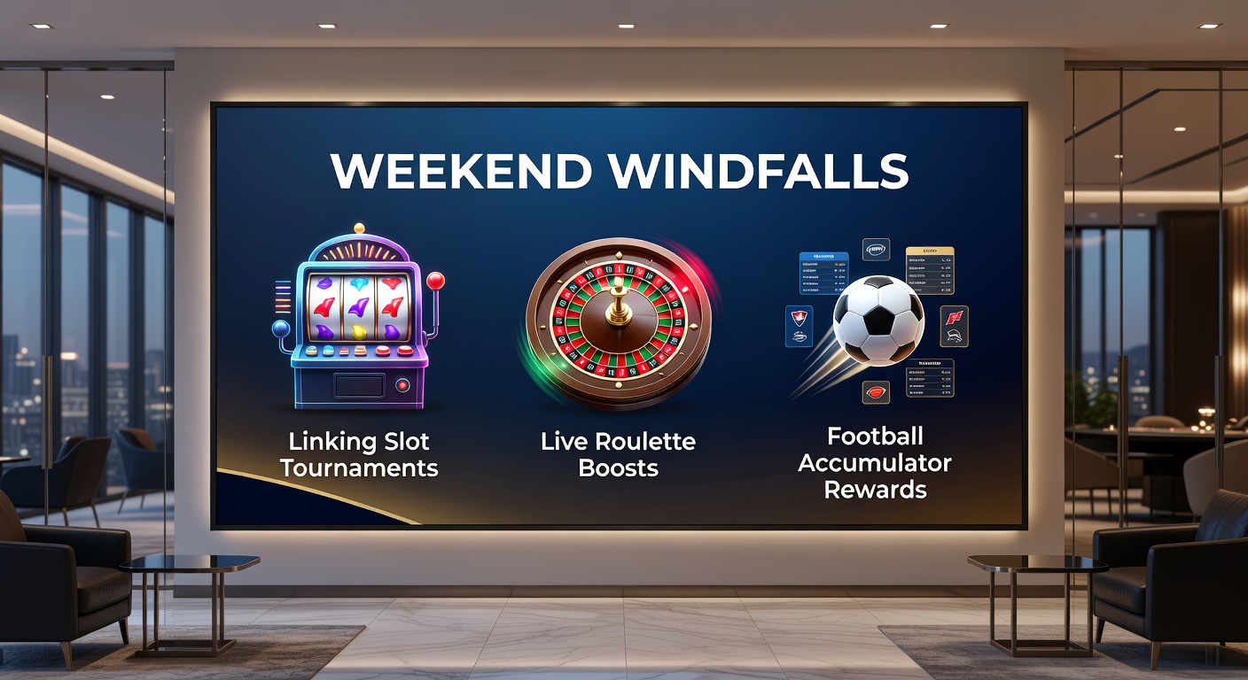 Dynamic collage of a crowded football stadium on screen, slot reels exploding with wins, and a live roulette croupier dealing under bright lights, illustrating interconnected weekend betting rewards
